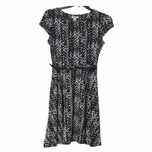 Black/Grey/White Fit and Flare Belted Dress